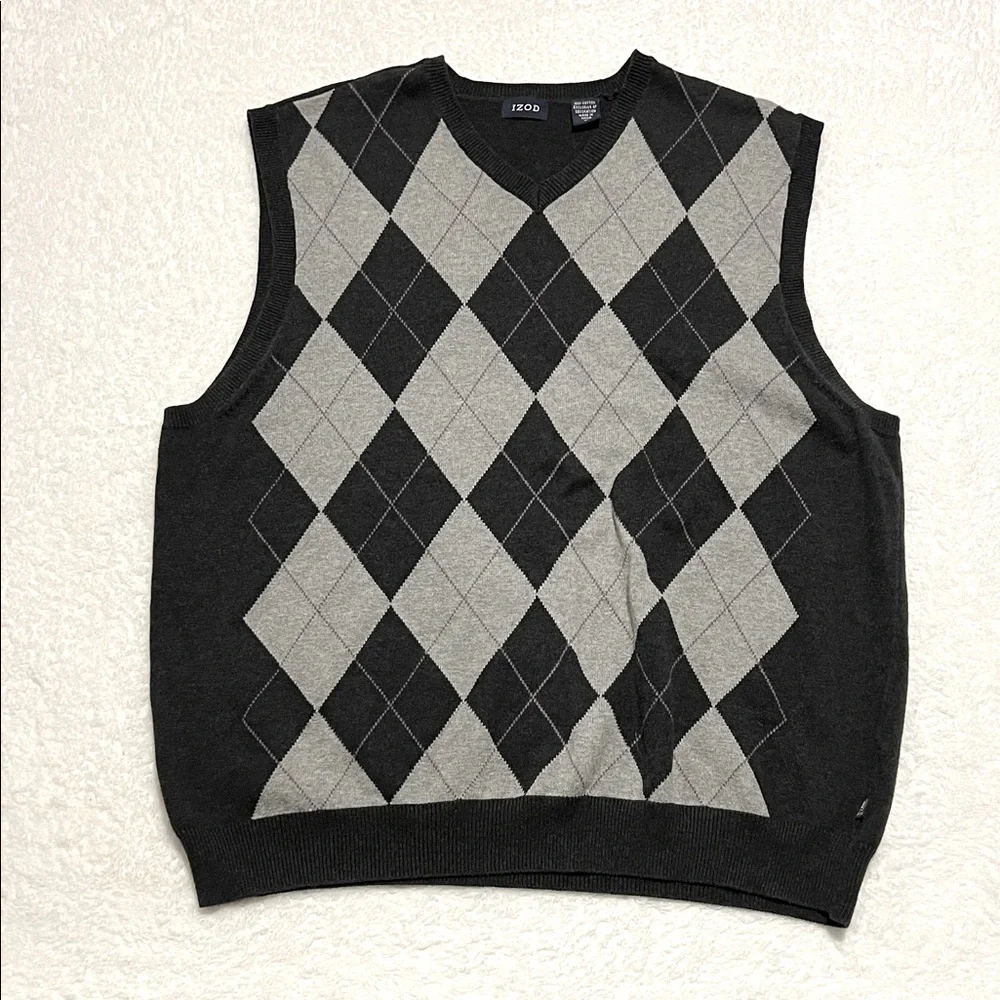 Izod Charcoal and light grey Argyle Sweater Vest XL‎ 100% Cotton